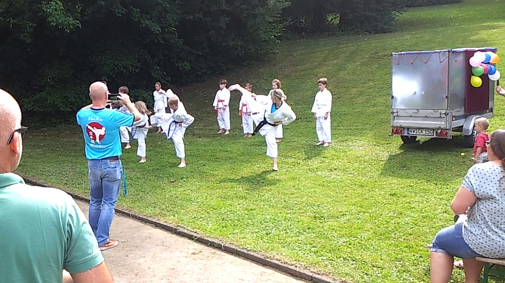 Kata-Team zeigt Karate-Kata auf der Wiese, hoher Fußtritt